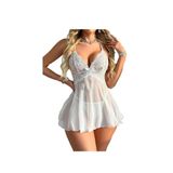 Dantel Detaylı Beyaz Babydoll Gecelik, Halter Boyun, Şeffaf Tül, Seksi İç Giyim (L/XL)