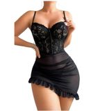 Dantel ve Tül Detaylı Kadın Babydoll Gecelik Mini Etek