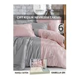 Dantela Isabella gri Nakışlı Pamuk Saten Nevresim Takımı 6 parca