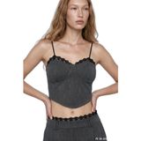 Dantelli Askılı Korse Crop Bluz Antrasit
