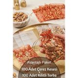 Dantelux 100 Adet Çerez Kesesi + 100 Adet Kilitli Torba - Kına Gecesi İçin Çerez Seti - Kırmızı Desenli