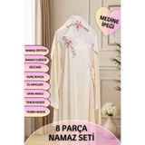 Dantelux Medine İpeği Gelin Seti - Namaz Elbisesi & Namaz Örtüsü - 8 Parça (El İşi Premium Set) Ekru