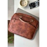 Darbe Korumalı, Laptop Çantası Coffee 15.6" Inç Macbook Çantası 39X30X4 cm Vegan Deri Kahverengi