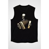 Darkhane Akordiyon Çalan Kurukafa Siyah Unisex Kolsuz Tişört Kesik Kol T-Shirt - 001-Siyah - XL