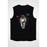 Darkhane Astronot ve Gezegenler Siyah Unisex Kolsuz Tişört Kesik Kol T-Shirt - 001-Siyah - XL