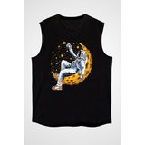 Darkhane Ayda Uzanan Astronot Siyah Unisex Kolsuz Tişört Kesik Kol T-Shirt - 001-Siyah