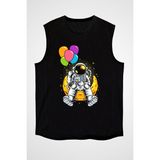 Darkhane Balon Tutan Astronot Siyah Unisex Kolsuz Tişört Kesik Kol T-Shirt - 001-Siyah - XL