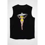 Darkhane Büyük Hasır Şapka Trend Siyah Unisex Kolsuz Tişört Kesik Kol T-Shirt - 001-Siyah - 2XL