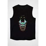 Darkhane Firavun Sfenks Kedi Siyah Unisex Kolsuz Tişört Kesik Kol T-Shirt - 001-Siyah