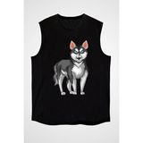 Darkhane Gökkuşağı ve Sibirya Kurdu Husky Haski Siyah Unisex Kolsuz Tişört Kesik Kol T-Shirt - 001-Siyah