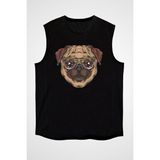 Darkhane Gözlüklü Dahi Pug Siyah Unisex Kolsuz Tişört Kesik Kol T-Shirt - 001-Siyah - XL
