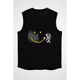 Darkhane Gülen Ay ve Astronot Siyah Unisex Kolsuz Tişört Kesik Kol T-Shirt - 001-Siyah