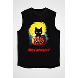 Darkhane Halloween Kedicik Siyah Unisex Kolsuz Kesik Kol T-Shirt - 001-Siyah