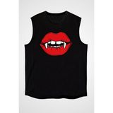 Darkhane Halloween Vampir Dişler Siyah Unisex Kolsuz Kesik Kol T-Shirt - 001-Siyah - XS