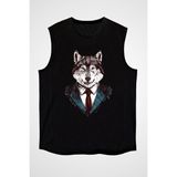Darkhane Iş Insanı Sibirya Kurdu Husky Haski Siyah Unisex Kolsuz Tişört Kesik Kol T-Shirt - 001-Siyah - 2XL