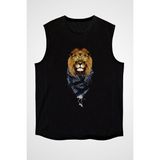 Darkhane Karizmatik Gözlüklü Aslan Siyah Unisex Kolsuz Tişört Kesik Kol T-Shirt - 001-Siyah - XS