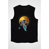 Darkhane Kaykay Yapan Astronot Siyah Unisex Kolsuz Tişört Kesik Kol T-Shirt - 001-Siyah - XL