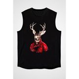 Darkhane Kırmızı Deri Ceketli Geyik Siyah Unisex Kolsuz Kesik Kol T-Shirt - 001-Siyah - XS