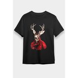 Darkhane Kırmızı Deri Ceketli Geyik Siyah Unisex Tişört T-Shirt - 001-Siyah - XS