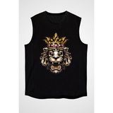 Darkhane Kral Taçlı Aslan Siyah Unisex Kolsuz Tişört Kesik Kol T-Shirt - 001-Siyah - XL