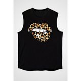 Darkhane Leopar Dudaklar Ruj Siyah Unisex Kolsuz Kesik Kol T-Shirt - 001-Siyah - M
