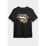 Darkhane Leopar Dudaklar Ruj Siyah Unisex Tişört T-Shirt - 001-Siyah