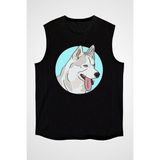 Darkhane Mavi Gözlü Sibirya Kurdu Husky Haski Siyah Unisex Kolsuz Tişört Kesik Kol T-Shirt - 001-Siyah