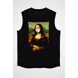 Darkhane Mona Lisa Siyah Unisex Kolsuz Tişört Kesik Kol T-Shirt - 001-Siyah