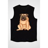 Darkhane Oturan Yorgun Pug Siyah Unisex Kolsuz Tişört Kesik Kol T-Shirt - 001-Siyah - 2XL