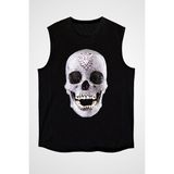Darkhane Pırlanta Taşlı Kurukafa Siyah Unisex Kolsuz Tişört Kesik Kol T-Shirt - 001-Siyah