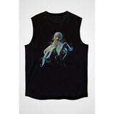 Darkhane Renkli Ahtapot Siyah Unisex Kolsuz Tişört Kesik Kol T-Shirt - 001-Siyah - XS