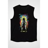 Darkhane Renkli Astronot Siyah Unisex Kolsuz Tişört Kesik Kol T-Shirt - 001-Siyah