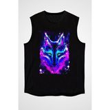 Darkhane Renkli Kurt Siyah Unisex Kolsuz Tişört Kesik Kol T-Shirt - 001-Siyah - XS