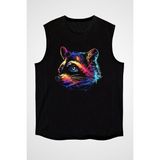 Darkhane Renkli Rakun Siyah Unisex Kolsuz Tişört Kesik Kol T-Shirt - 001-Siyah - XL