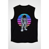 Darkhane Retro Astronot Siyah Unisex Kolsuz Tişört Kesik Kol T-Shirt - 001-Siyah