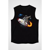 Darkhane Roket ve Astronot Siyah Unisex Kolsuz Tişört Kesik Kol T-Shirt - 001-Siyah