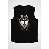 Darkhane Sanatsal Sibirya Kurdu Husky Haski Siyah Unisex Kolsuz Tişört Kesik Kol T-Shirt - 001-Siyah - XL