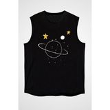 Darkhane Satürn ve Uzay Siyah Unisex Kolsuz Tişört Kesik Kol T-Shirt - 001-Siyah