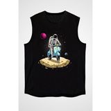 Darkhane Scooter Süren Astronot Siyah Unisex Kolsuz Tişört Kesik Kol T-Shirt - 001-Siyah