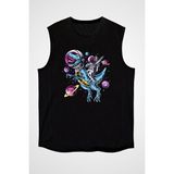 Darkhane T-Rex ve Astronot Siyah Unisex Kolsuz Tişört Kesik Kol T-Shirt - 001-Siyah