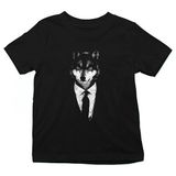 Darkhane Takım Elbiseli Kurt Siyah Unisex Çocuk Tişört T-Shirt - 001-Siyah - 1 - 2 Yaş
