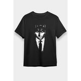 Darkhane Takım Elbiseli Kurt Siyah Unisex Tişört T-Shirt - 001-Siyah - XS