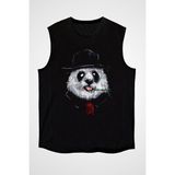 Darkhane Takım Elbiseli Panda Siyah Unisex Kolsuz Tişört Kesik Kol T-Shirt - 001-Siyah - 2XL