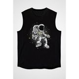 Darkhane Uçan Astronot Siyah Unisex Kolsuz Tişört Kesik Kol T-Shirt - 001-Siyah