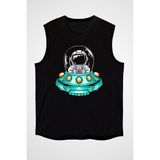 Darkhane Uzay Gemisi Kullanan Astronot Siyah Unisex Kolsuz Tişört Kesik Kol T-Shirt - 001-Siyah