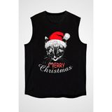 Darkhane Yılbaşı Yeni Yıl Noel Kedi Siyah Unisex Kolsuz Tişört Kesik Kol T-Shirt - 001-Siyah - 2XL