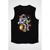 Darkhane Yıldız Tutan Balıkçı Astronot Siyah Unisex Kolsuz Tişört Kesik Kol T-Shirt - 001-Siyah