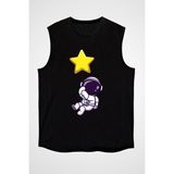 Darkhane Yıldız Tutan Şirin Astronot Siyah Unisex Kolsuz Tişört Kesik Kol T-Shirt - 001-Siyah