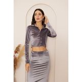 Darlin Moda Kadın Antrasit Kadife Uzun Kollu Crop Gömlek Dm9003