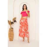 Darlin Moda Kadın Kırmızı Desenli Yırtmaçlı Midi Etek DM2014 - 44